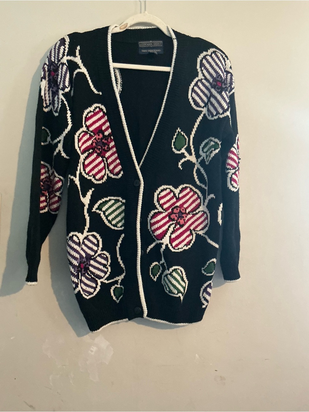 Black Floral Intarsia Button-Front Cardigan Sweater